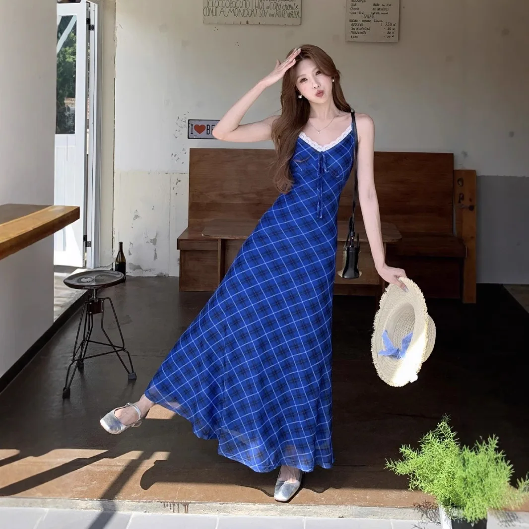 

Stunning Beautiful Klein Blue Plaid Strap For Women Summer 2026 New Pure Desire Sweet And Spicy Style Waist-Cinching Long Dress