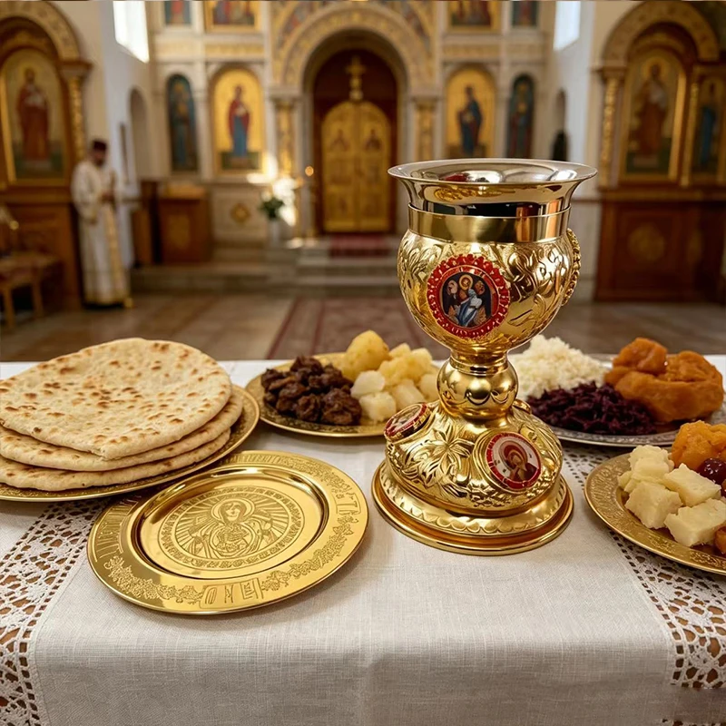 Neues 2026 geprägtes, vergoldetes Kommunionskelch- und Paten-Set für christlich-orthodoxe Altarliturgie und heilige Kommunion – Geschenk – Detail 3