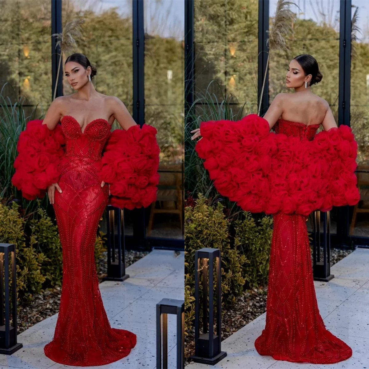 Designer Mermaid Evening Dresses Strapless Sleeveless Gown Beaded Handmade Flower Ruffles Sweep Train Dress Party Customized