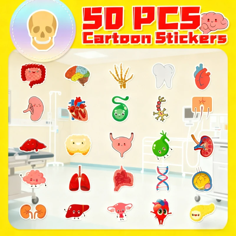 

50 шт., милые мультяшные наклейки для человеческих органов, чашка для воды, декор для ноутбука, аксессуары для медсестры, детская наклейка с изображением раннего образования