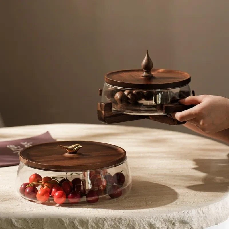 Acacia wood glass fruit plate nut dried fruit box household living room candy fruit salad bowl tea several snacks storage