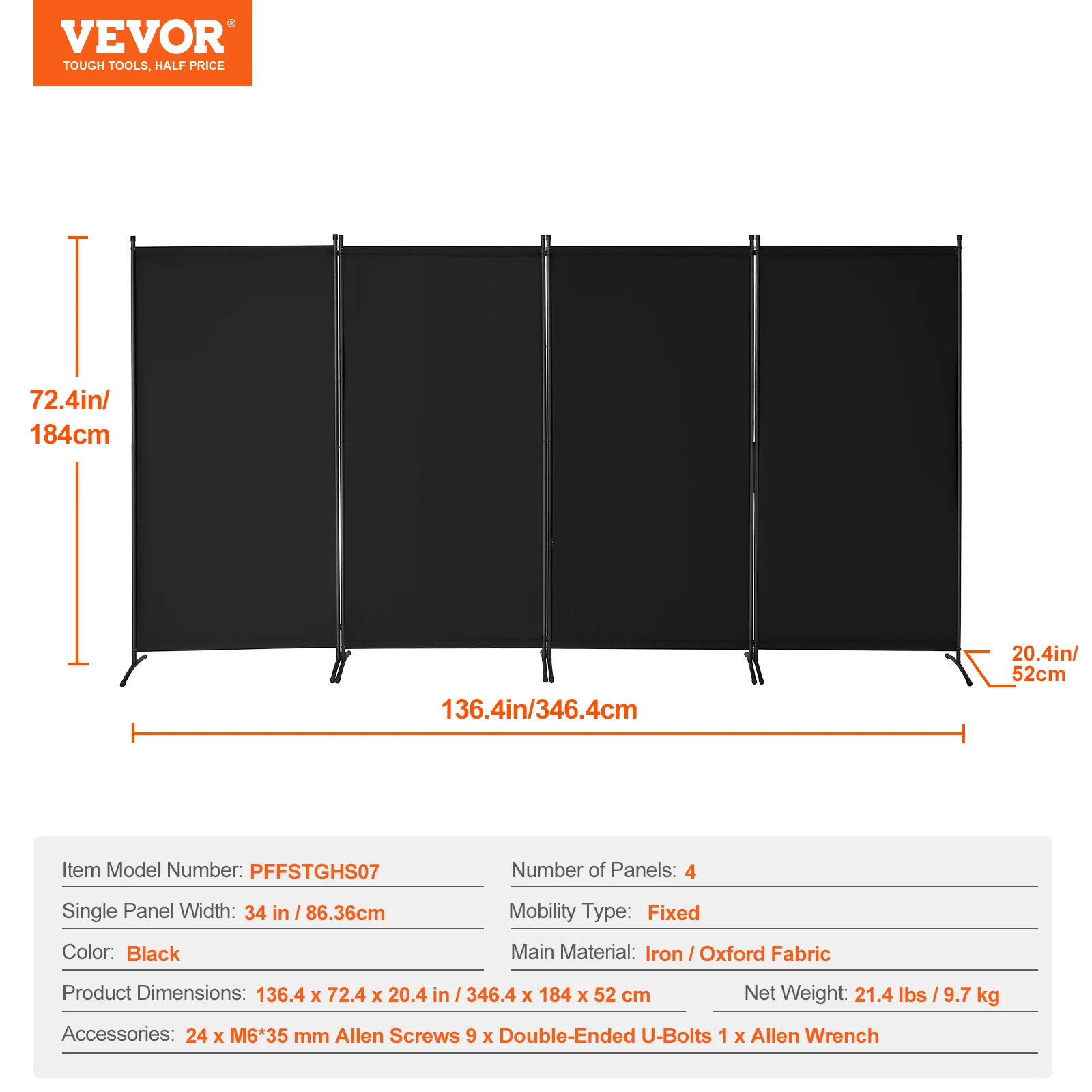 VEVOR Biombo Separador de Ambientes de 3464 x 1840 x 520 mm, Separador Plegable de Ambientes de 4 Paneles Mampara de Privacidad para Interiores, Separador de Ambientes para Oficina, Dormitorio, Negro