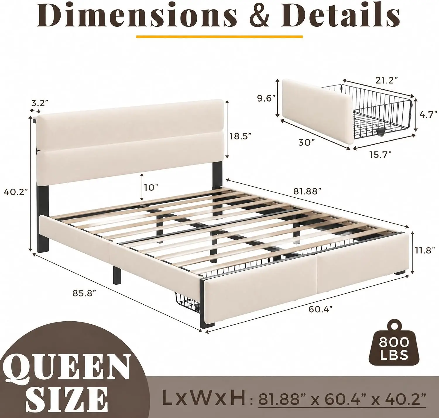 Queen Bed Frame with 2 Storage Drawers, Beige Velvet Upholstered | Platform Bed with Charging Ledge, LED Headboard Lighting