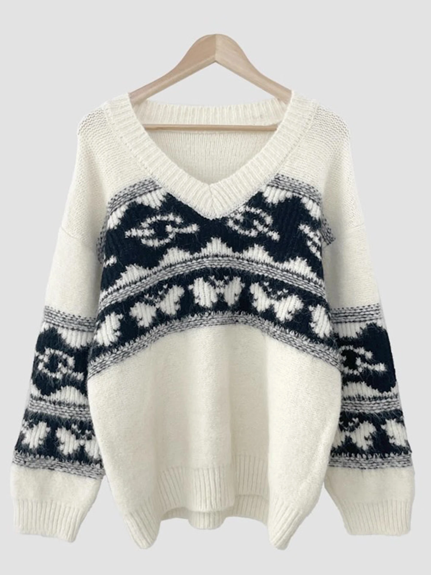 Pull tricoté ample en v pour femme, couleur Blo, à motifs floraux, rétro, assorti, toutes saisons, nouvelle collection hiver