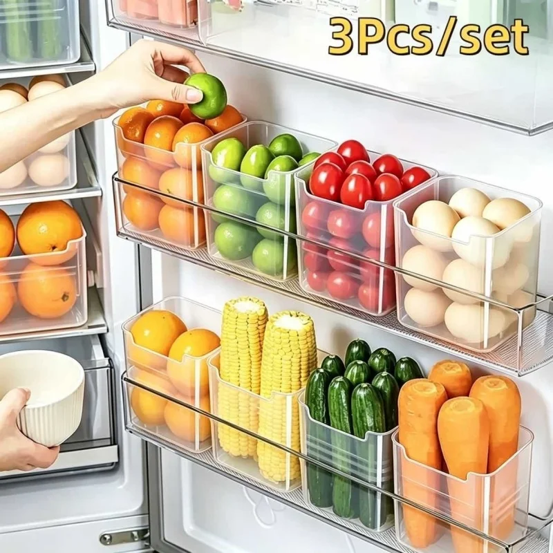 Caja de almacenamiento transparente para refrigerador, sin BPA, ahorro de espacio, organización de cocina, cajas de clasificación de alimentos para puerta y mostrador de nevera, 3 uds.