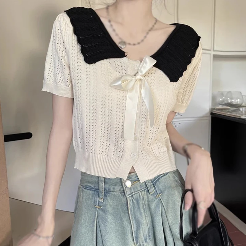 Women Summer doll collar bow contrast cut-out sweet gentle preppy knit short sleeve cardigan top black one size