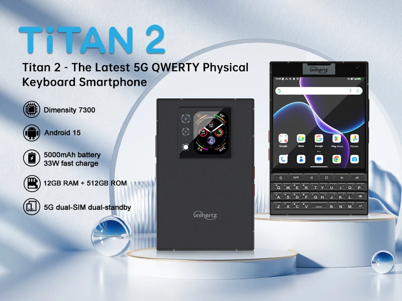 Unihertz Titan 2 Smartphone 12GB 512GB 5G Android 15 with Physical Keyboard Dual Screen Dimensity 7300 Dual SIM 50MP Camera
