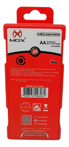 Case C/ 8 Batteries Aa 2700mAh Rechargeable Mox Battery 1.2V