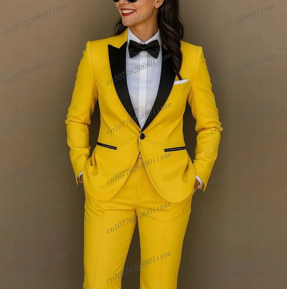 

New Black Collar Yellow Women Suits Lady Business Office Tuxedos Mother Wedding Party Formal Ladies 2 Piece Set Jacket Pants