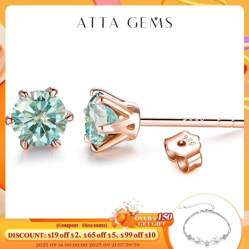 

ATTAGEMS Colored Moissanite Stud Earrings 1ct DVVS1 Round Cut Lab Created Diamond 18K Gold Plated Earring for Women Fine Jewelry