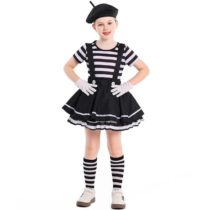Costume de Mime pour Enfant, Femme Française, Clown de Cirque, Mime, Artiste, Déguisement, Carnaval, Halloween, Costume Classique Niño