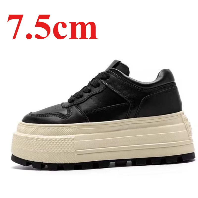 

Genuine Leather Street Board Shoes for Women's 8cm Thick Bottom Height Increasing Shoes Comfortable Breathable Leisure Sneakers