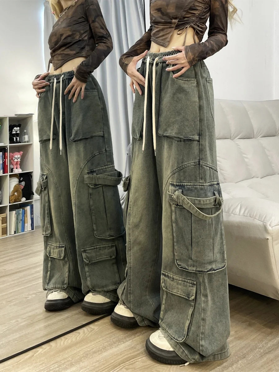 Pantalones Cargo de mezclilla Retro para mujer, pantalones holgados de pierna ancha con cordón multibolsillo, ropa de calle Vintage Y2k, pantalones vaqueros femeninos