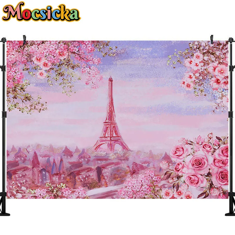 Mocsicka Happy Birthday Paris Eiffel Tower Flowers Girls Custom Photography Backdrops Baby Newborn Backgrounds Decoration Props