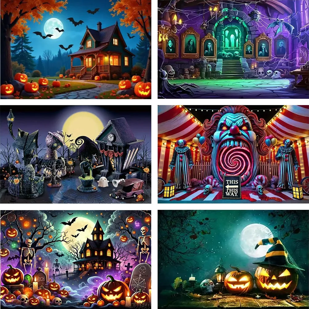 خلفية تصوير رعب للهالوين أزرق داكن ليلة القمر الكامل قلعة اليقطين فانوس 2025 حفلة الهالوين #1