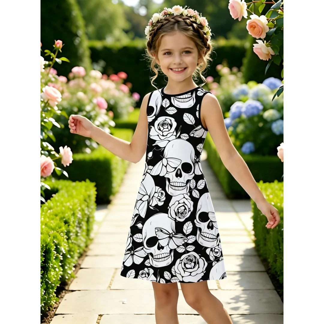 Girls Chic Vintage Art Stylish Unique Sleeveless Flare Dress Skull Rose Moth Print Halloween Outfit for Party and Daily Wear