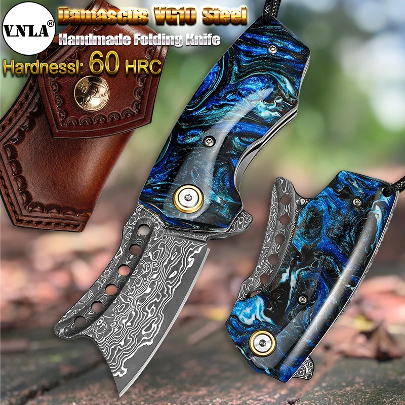 

VNLA VG-10 Damascus Steel Folding Knife,Resin Handle,Men's Pocket Knife,Hunting Adventure,Camping Outdoor Survival Kitchen Knife