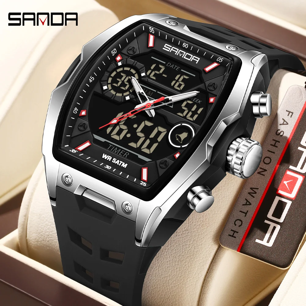 SANDA Men Electronic Watch Big Dial Sports LED Analog Digital Chronograph Military Dual Display Man Wristwatch Relogio Masculino