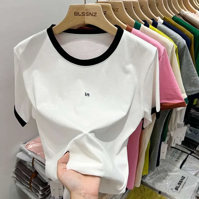 

European Sle Women's ort Sve T-irt Pure Cotton Summer Oversize French Sle Color Top for Ladies