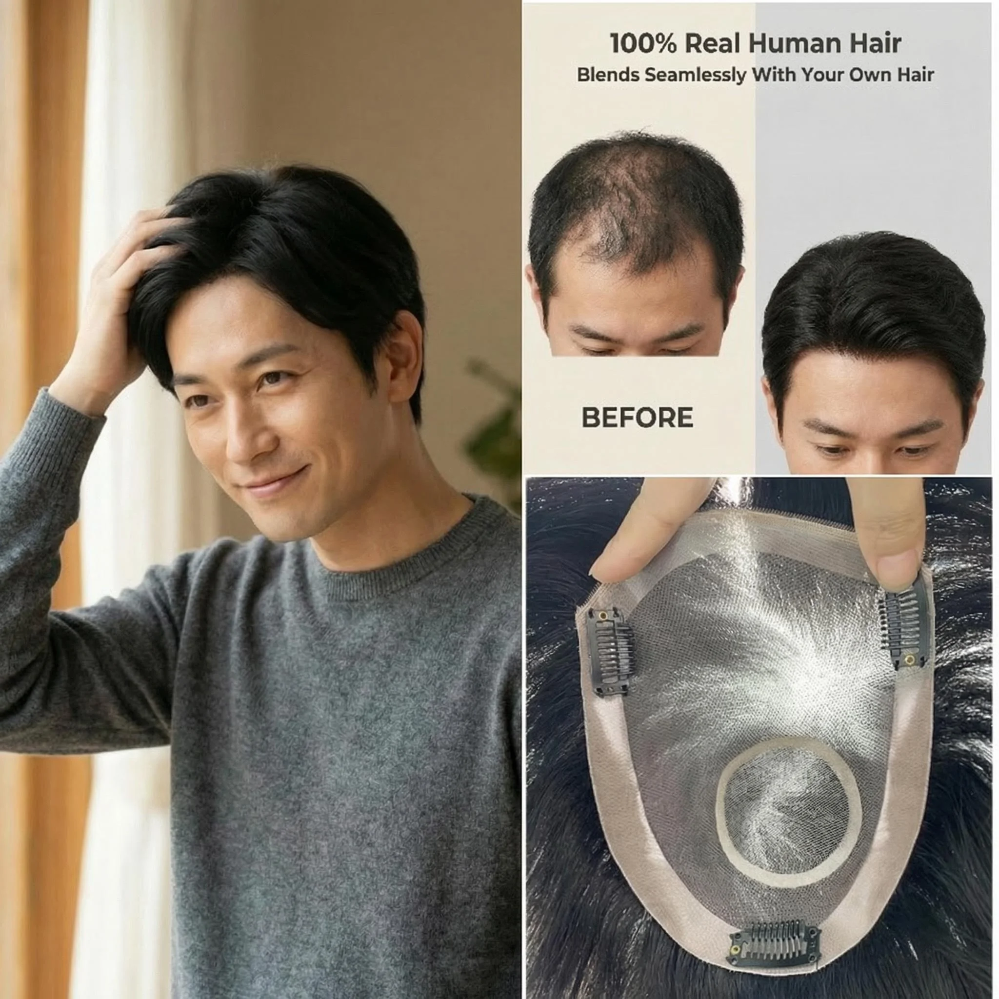 

Men Toupee 100% Human Hair Mono Base 6 Inch Length PU Perimeter Lace Inner With Snap Clips Fully Ventilated Natural