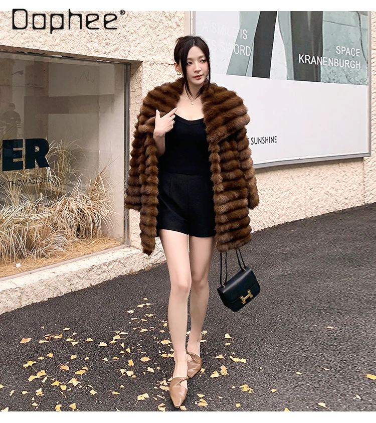 Light Luxury Socialite Large Lapel Fur Winter New Elegant High-End Striped Belt Slim Mid-Length Eco-Friendly Fur Coat for Women