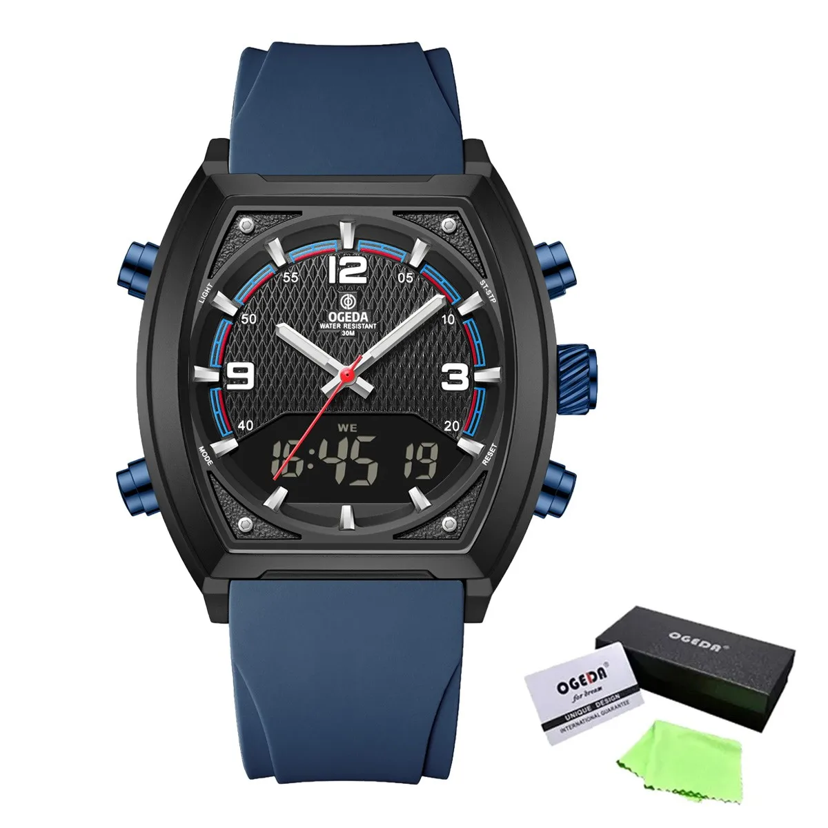 

OGEDA OGD7002 Men's Analog Digital Quartz Watch Dual Display LED 3ATM Waterproof Sport Military Rubber Strap Wristwatch