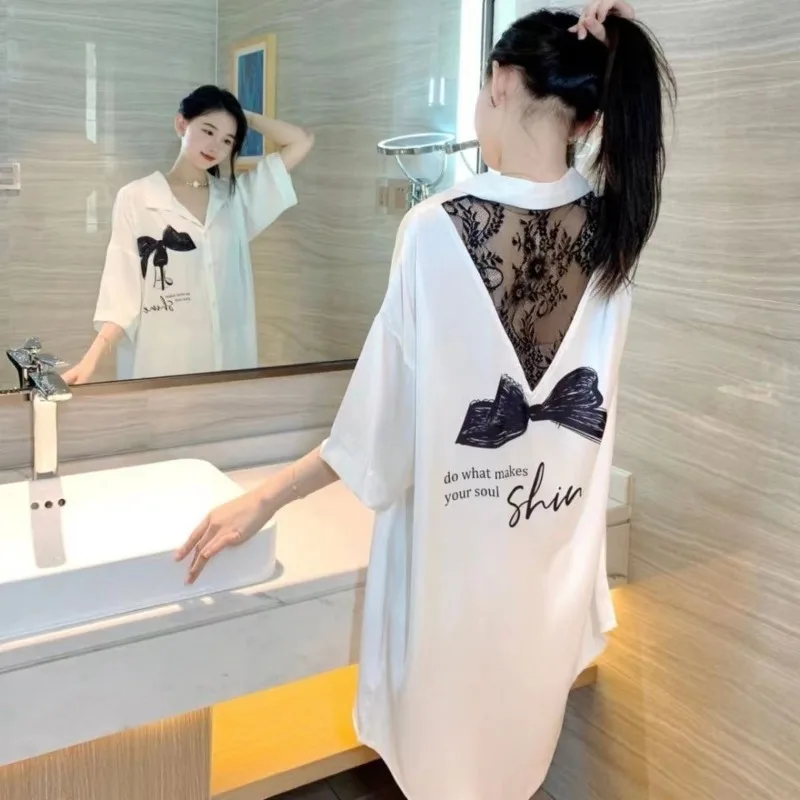 Sexy nightgown women summer ice silk cool silky loose cardigan shirt women nightdress can be worn outside summer dress