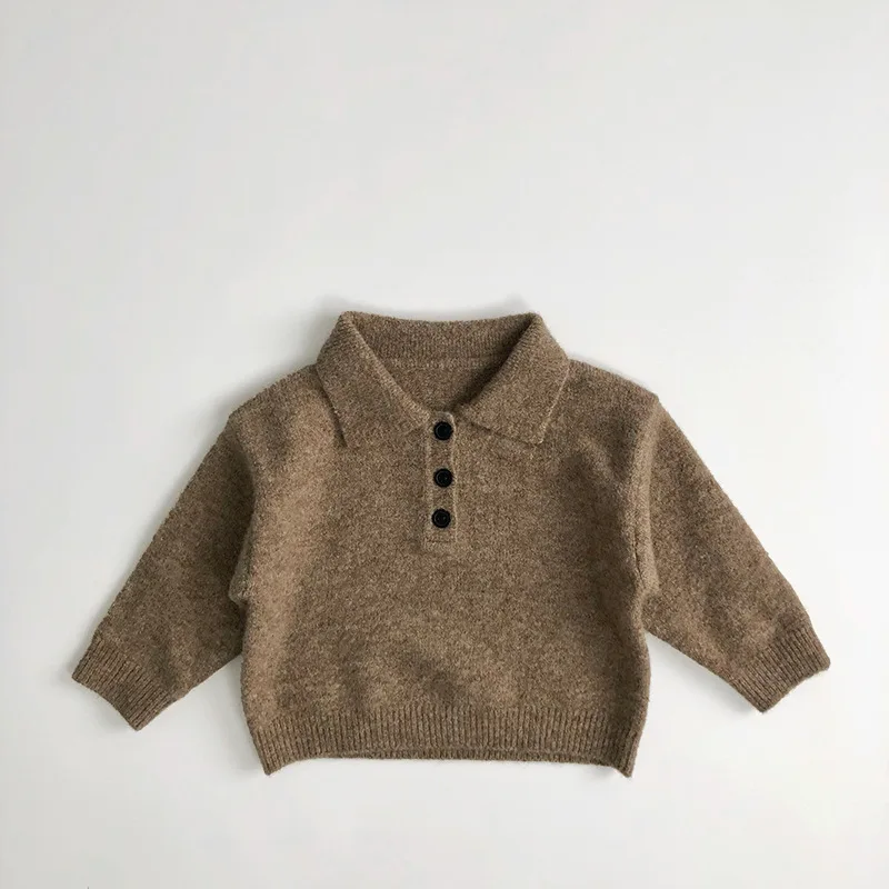 2024 Autumn New Children Long Sleeve Knit Sweater Solid Boys Girls Vintage Lapel Sweater Baby Polo Shirts Cotton Kids Clothes