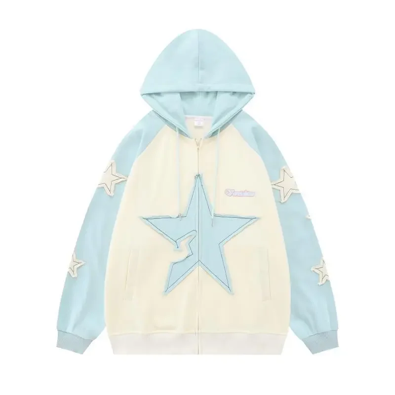 Japanese Sweet Loose Embroidered Star Jacket Spliced Sky Blue Hoodie Campus Style Fall New Women\'s Cardigan Jacket Clothes