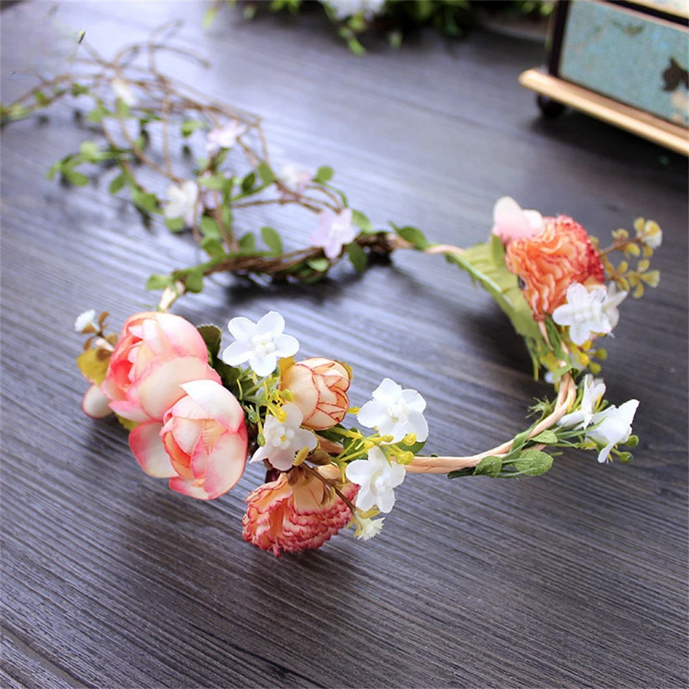 Women Flower Vine Headwear Wreaths Flower Leaf Tassel Headband Hairbands Party Garland Bride Spring Wedding Headhoop Accessories