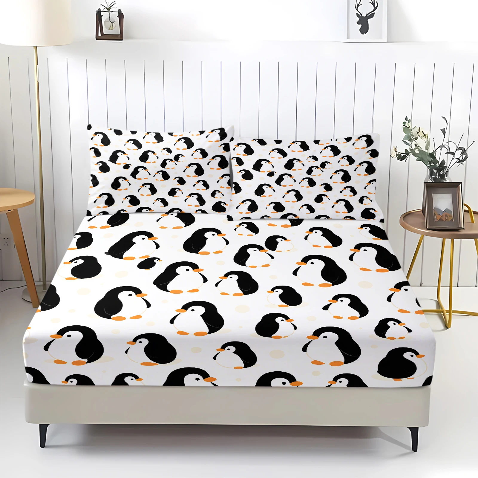Cute Penguin Print Fitted Sheet Set 360° Elastic Mattress Cover with Pillowcase Soft Microfiber Cartoon Animal Pattern Bedding