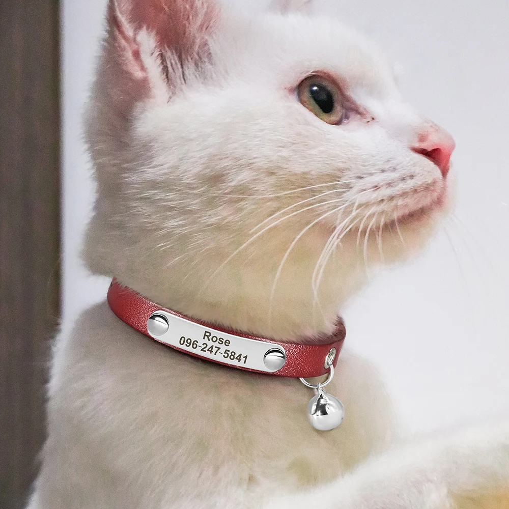 Personalized Cat Collar Adjustable Dog Kitten Leather Collars With Bell Free Engraving Anti-lost for Cats Small Dogs Chihuahua