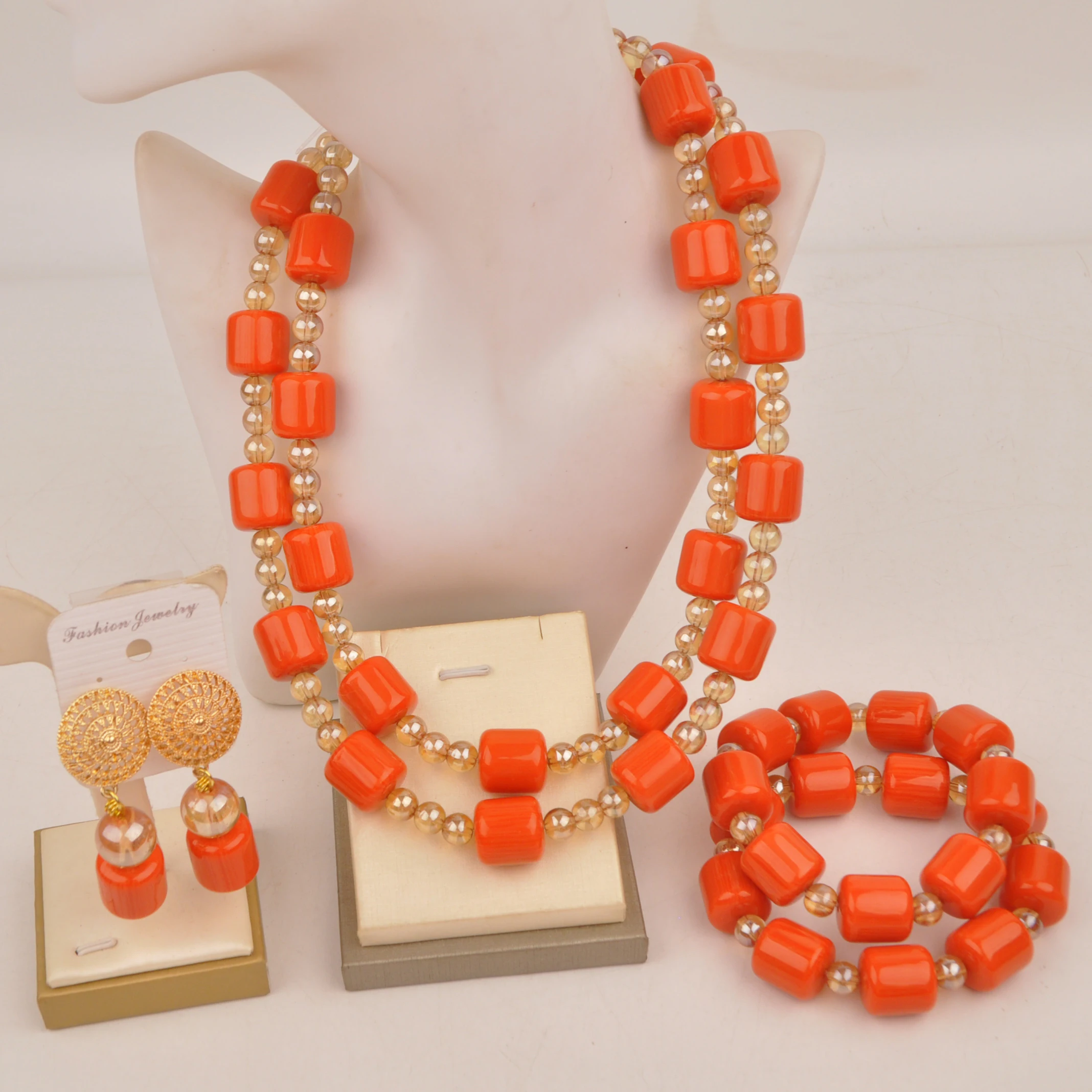 Nigerian Bridal Wedding Jewelry Classic Orange Imitation Coral Necklace African Newlyweds Wedding Women's Jewelry Set XIN-133