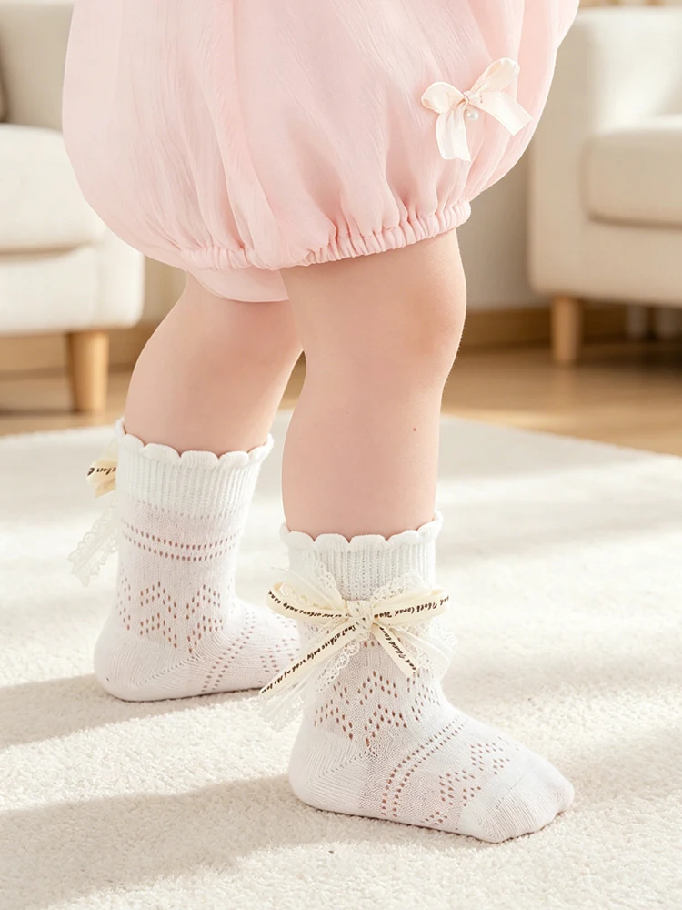 3 Paar Baby-Socken für Mädchen, Sommer-Mesh-Socken, atmungsaktiv, für Kleinkinder, Prinzessinnen-Socken, mittellange Socken für Neugeborene, niedliche süße Spitzen-Socken mit Schleife für Kleinkinder – Detail 5