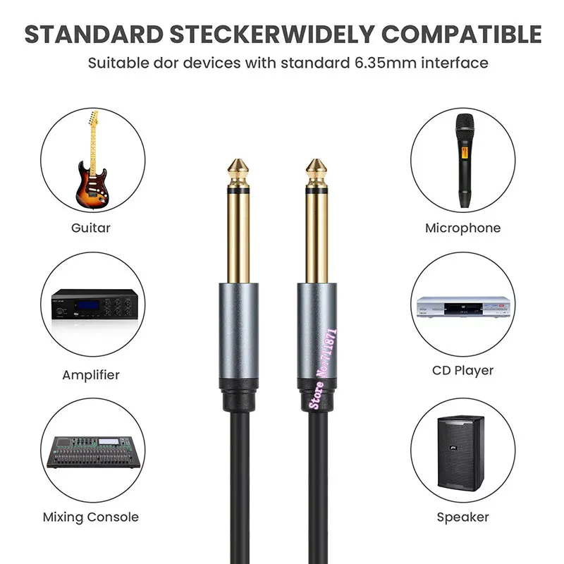 Macho para cabo de áudio macho, banhado a ouro, liga de alumínio Shell, Mono linha fio, TS 6,35 milímetros, 6,35 milímetros