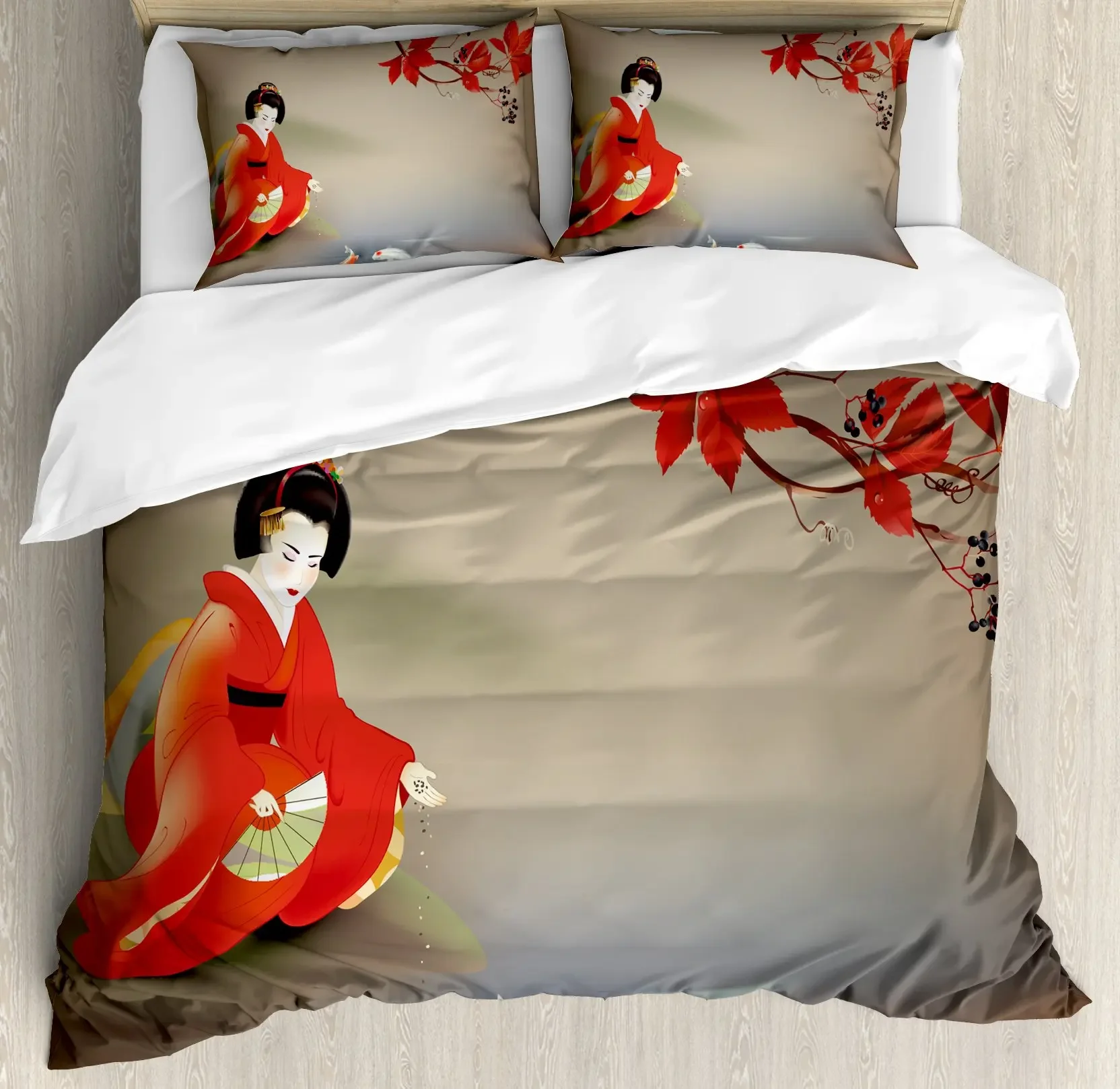 

Koi Fish Duvet Cover Geisha Feeding Beast Autumn Time Culture Vibes Bedroom Decorative Japanese Style for Women Friends Gifts