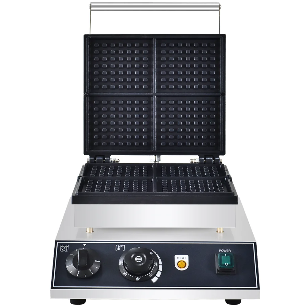 Máquina de waffle comercial, 4 peças, máquina de waffle quadrada, elétrica, antiaderente, aço inoxidável, waffle belga, ferro com temperatura