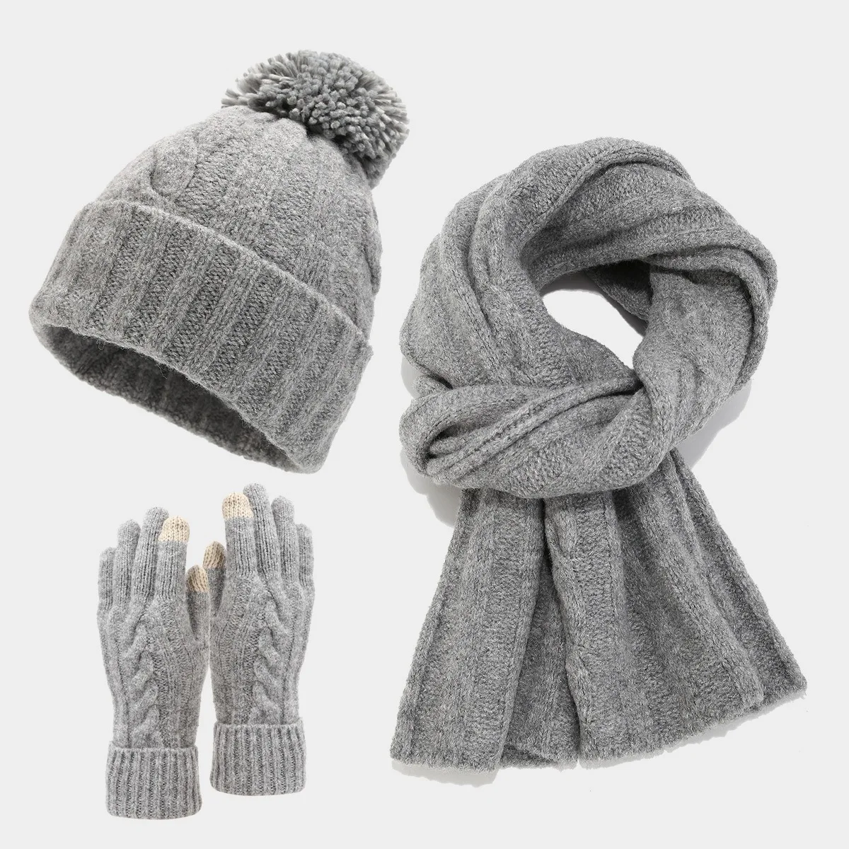 Women Winter Beanie Hat Gloves Scarf Set 3pcs Twist Knit Winter Cap Long Scarves Gloves Set Solid Color Cute Pompom