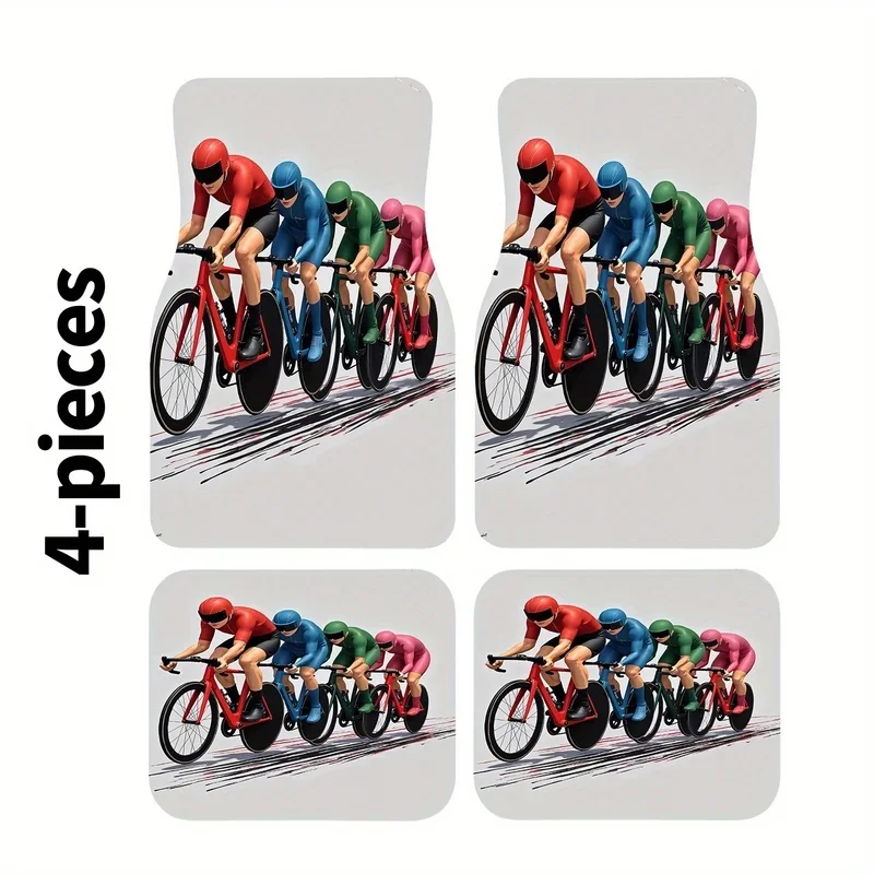 4pcs Car Floor Mats Set With Dynamic Four-Rider Racing Design, Suitable For All Models, Polyester Material, Stylish & Durable, E