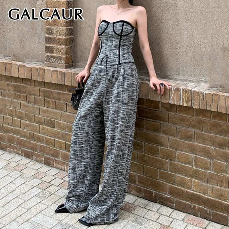 GALCAUR Casual Basics Two Piece Set For Women Strapless Sleeveless Tube Top High Waist Straight Pant Temperament Sets Female New