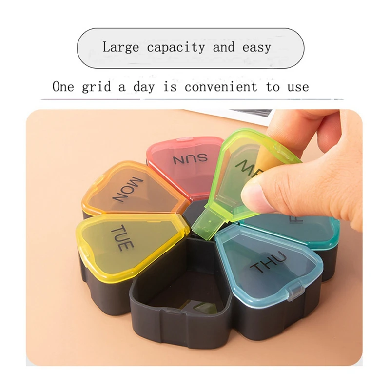 1 Piece Round Portable Pill Box PP Medicine Planner Round Shaped Small Case Weekly Pill Organizer 7-Sided Pill Reminder