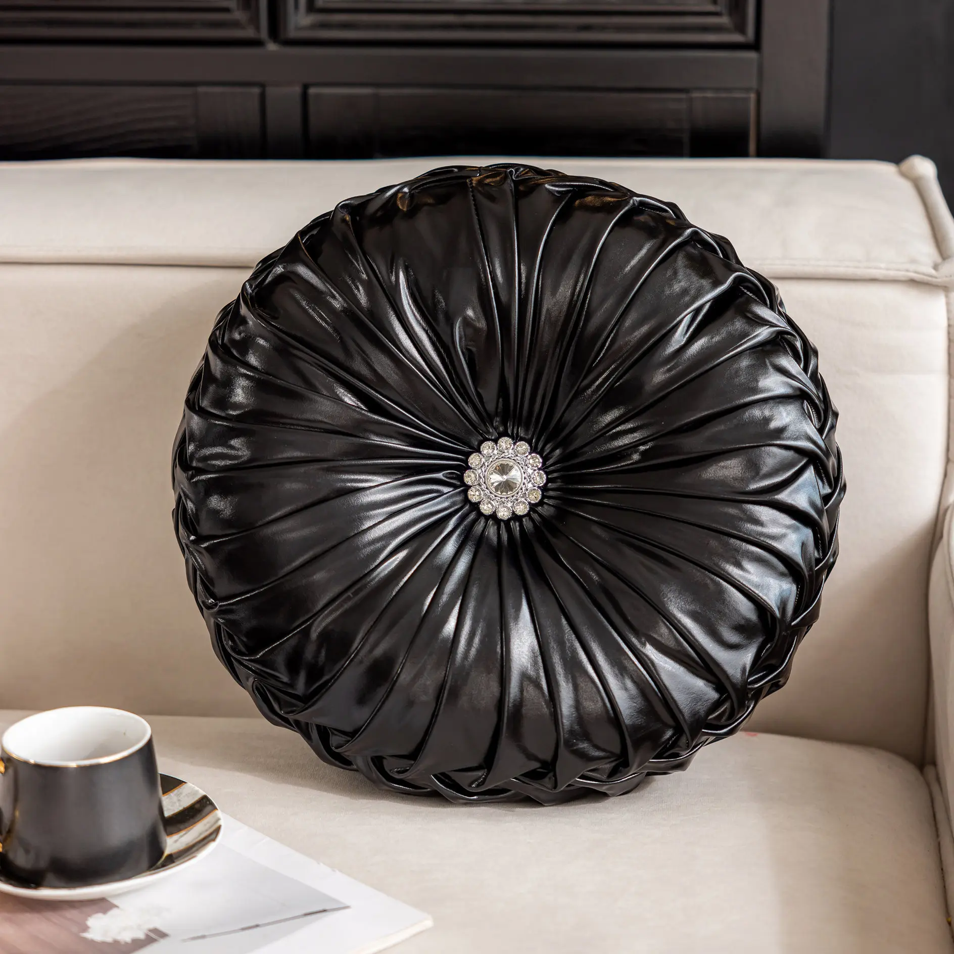 35cm Round Black Shiny Fabric Wheel PillowSofa Cushion Backrest Bedside & Bay Window Poufs,Pumpkin-Shaped Throw Pillow