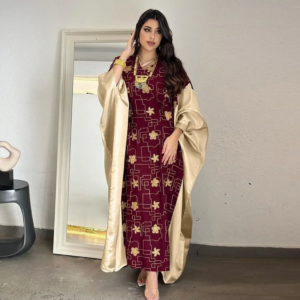 Floral Embroidery Splicing Abaya Batwing Sleeve Maxi Dress Islam Muslim Kebaya Women Kaftan Loose Robe Eid Musulmane Femme Gown