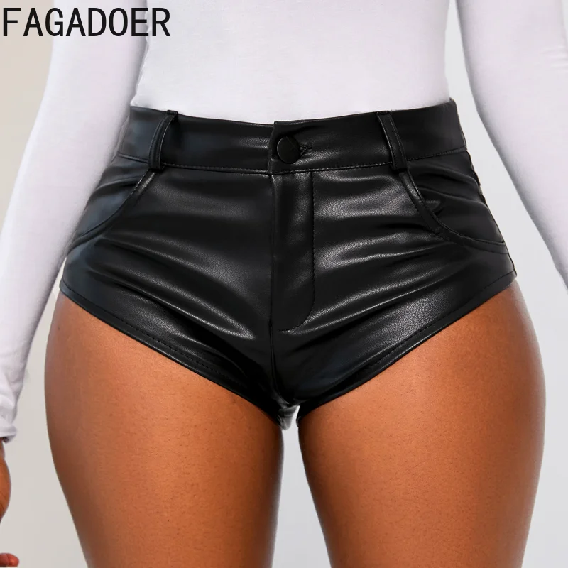 FAGADOER Punk Gothic Sexy Leather Shorts Women Black Cargo Pocket Patchwork High Waist Shorts Female Streetwear Bottoms 2025 New