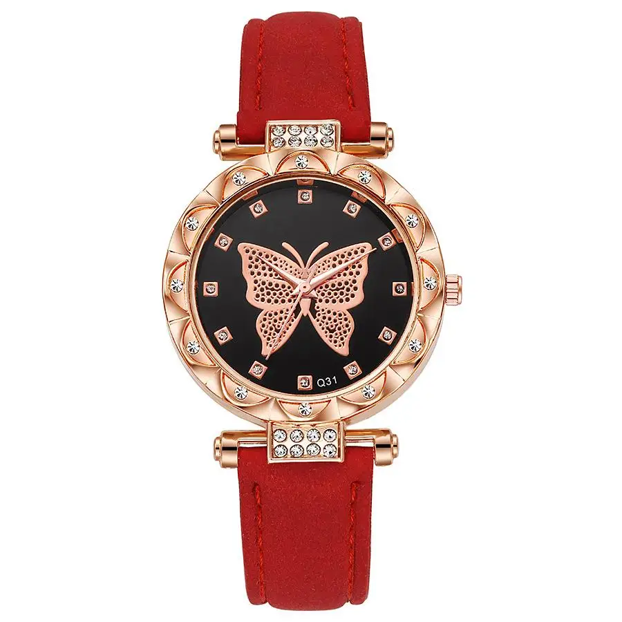 Comercio exterior nuevo diseño listado reloj de cuero esmerilado serie mariposa relojes de mujer con diamantes de imitación