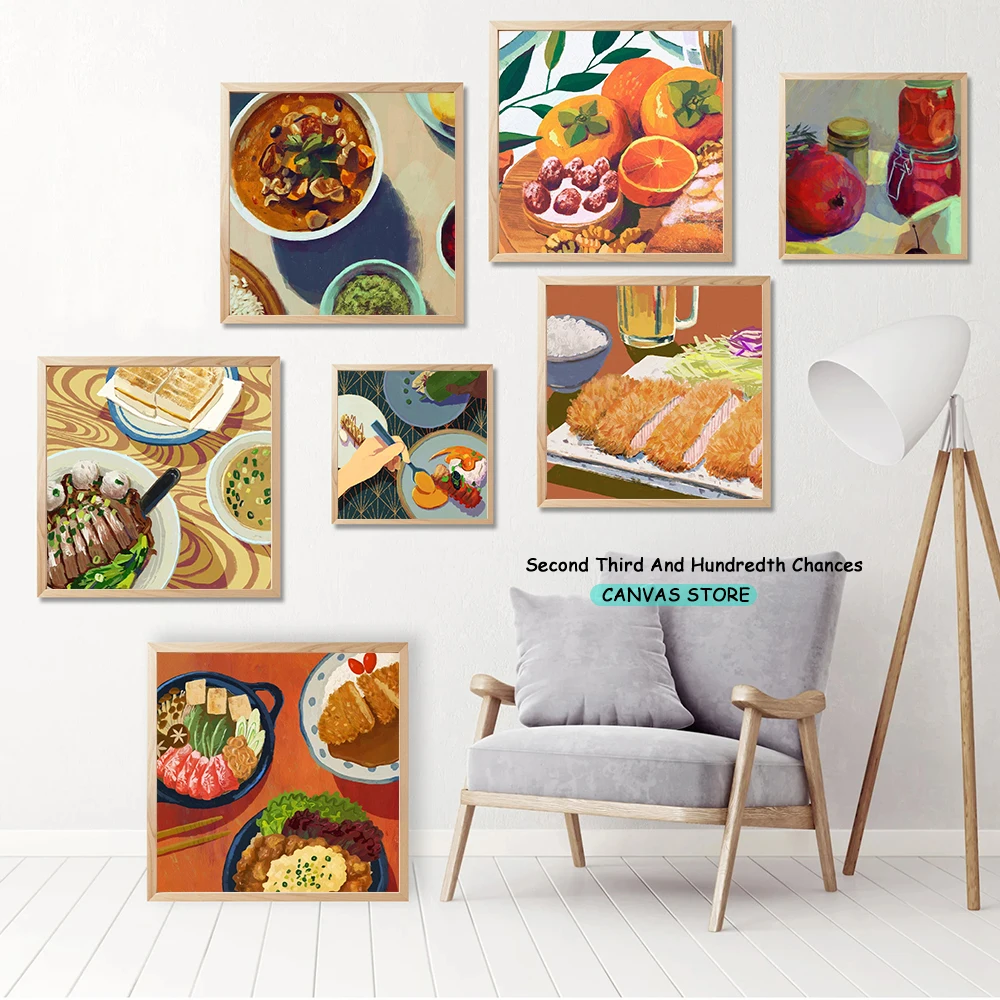 Modern Abstract Food Big Meal Dining Room Table Kitchen Illustration Poster Home Aesthetic Decor Canvas Painting Wall Pictures