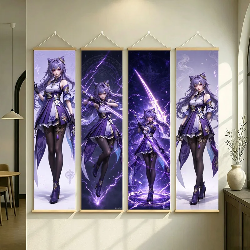 Hanging Scroll Wall Art of Genshin Impact Keqing with Violet Lightning on Silver Shimmer Canvas for an Anime Bedroom