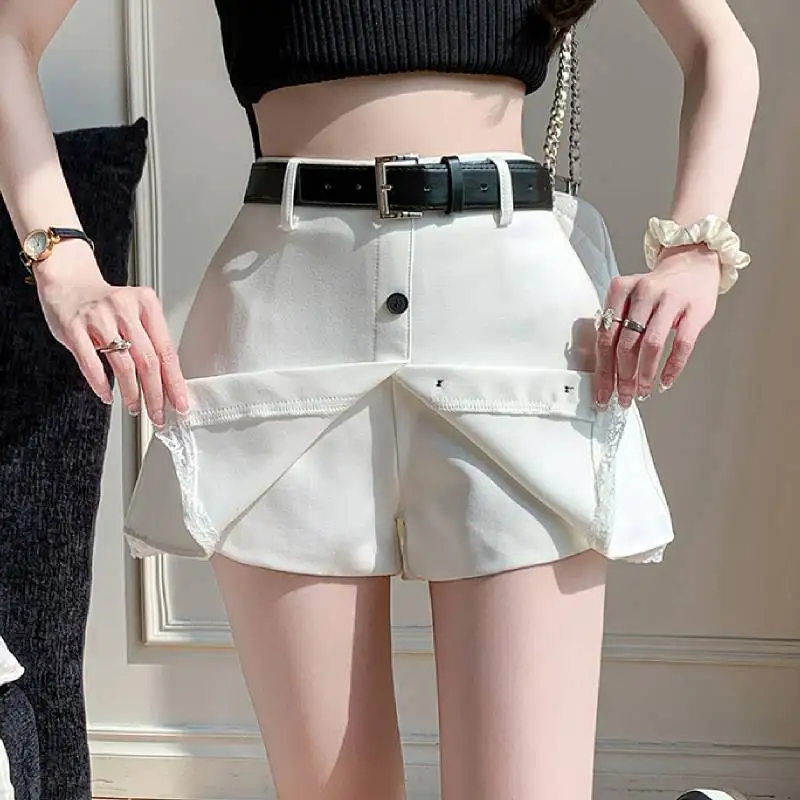 

Irregular Front Split Lace Trim Suit Skirts Shorts For Women Spring Summer Belted High Waist A-line Mini Skorts Fashion Shorts
