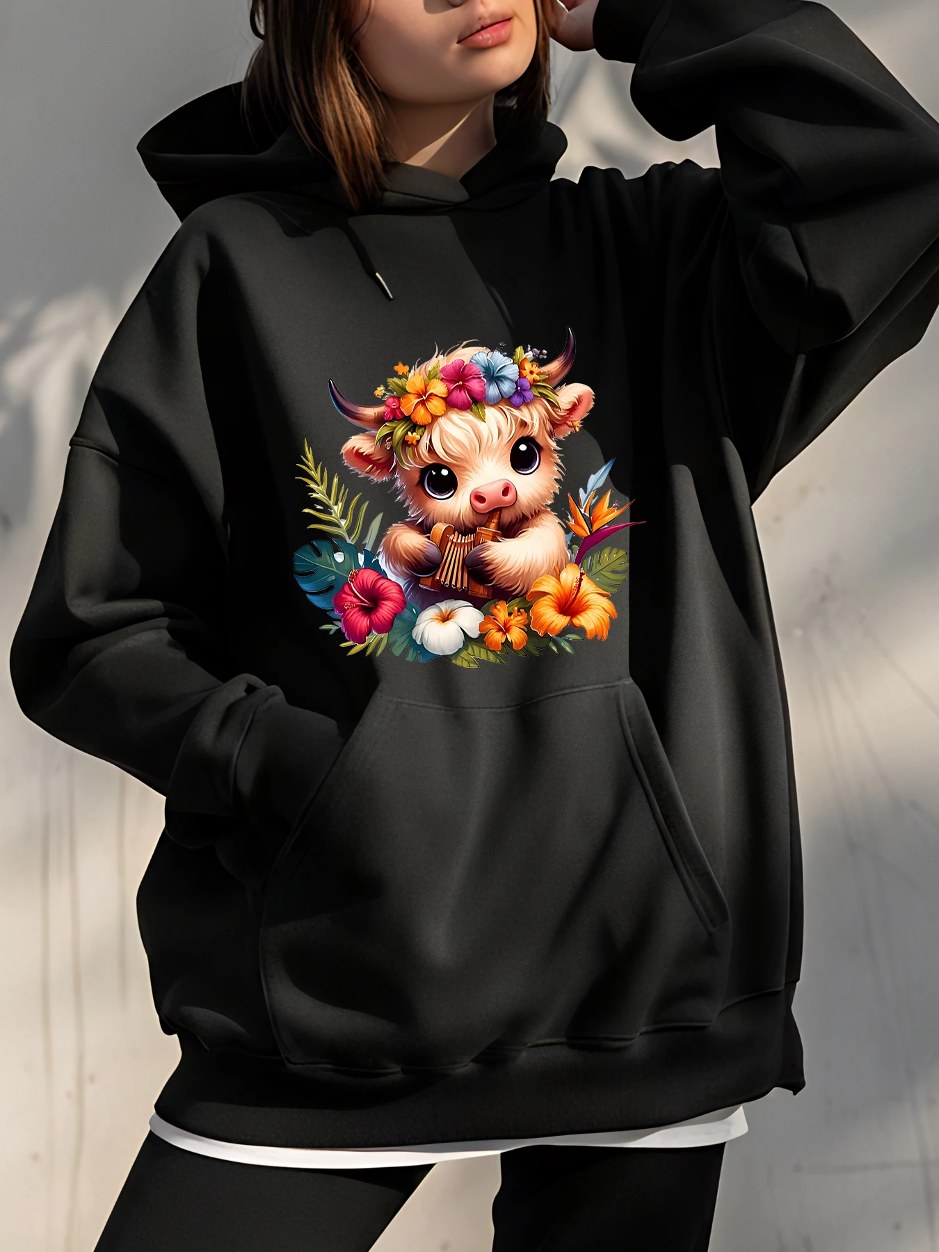 

Милая толстовка с цветочным принтом коровы, женская повседневная толстовка, модная уличная одежда, пуловер с графическим рисунком для девочек и подростков