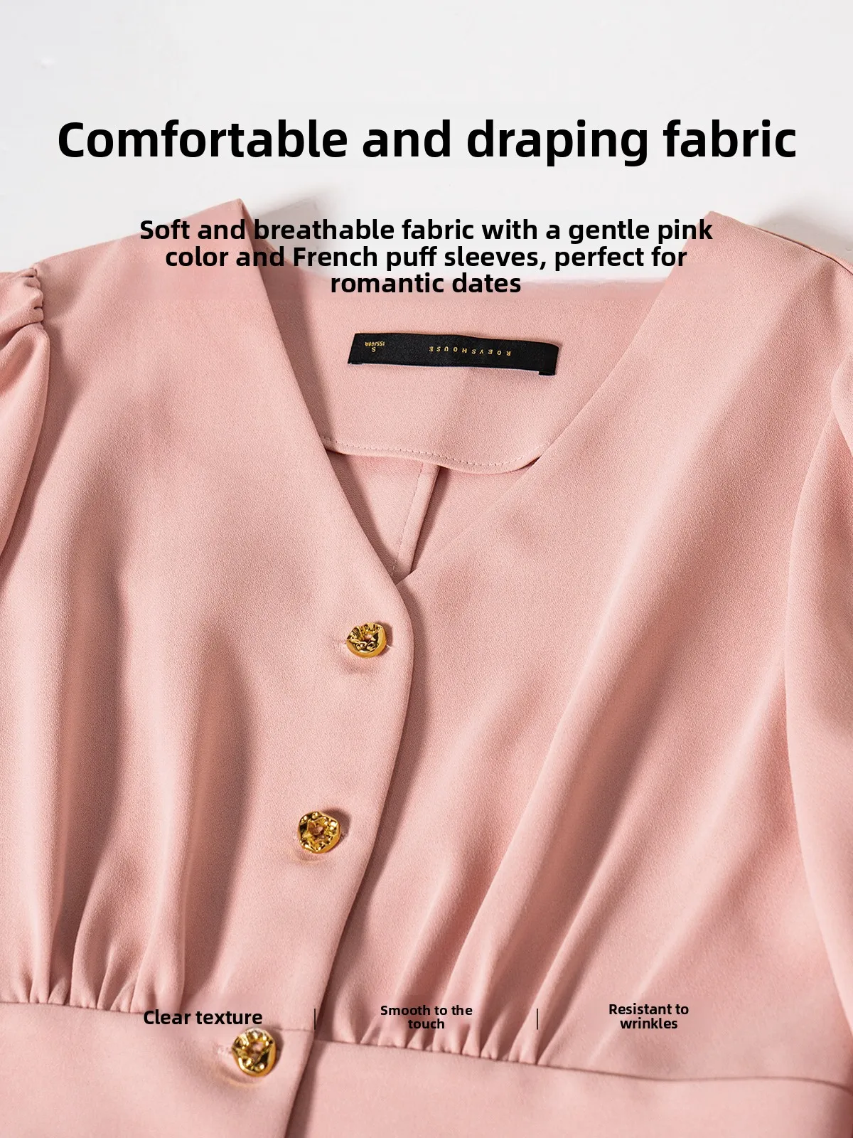 Pink Bubble Sve irt Vita cinched V Ne Ruffle Hem French Sle Donna Slim Fit irt Long Sve Pure Color 2025 Autu...